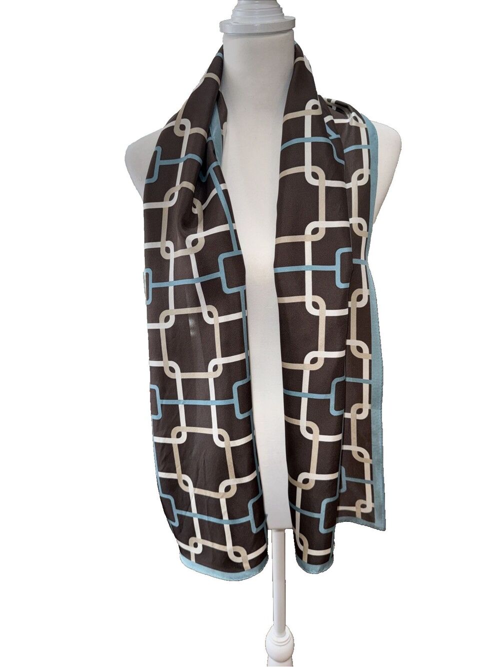 Talbots 100% Silk Oblong Scarf Geometric Chain Print Rolled Edge Brown Blue NWT